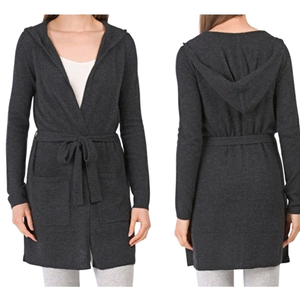 NWT TAHARI 100% Cashmere Cardigan Hooded Charcoal Gray Lounge Robe XL